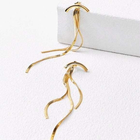 Curved Bar yellow Gold plated Tassel boho chic Statement earrings 2/$30 - Picture 7 of 13